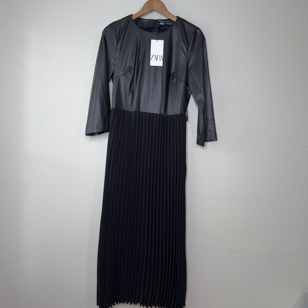 Zara M Maxi Dress Black Faux Leather Pleated No Belt Dark Romantic Grunge NWT